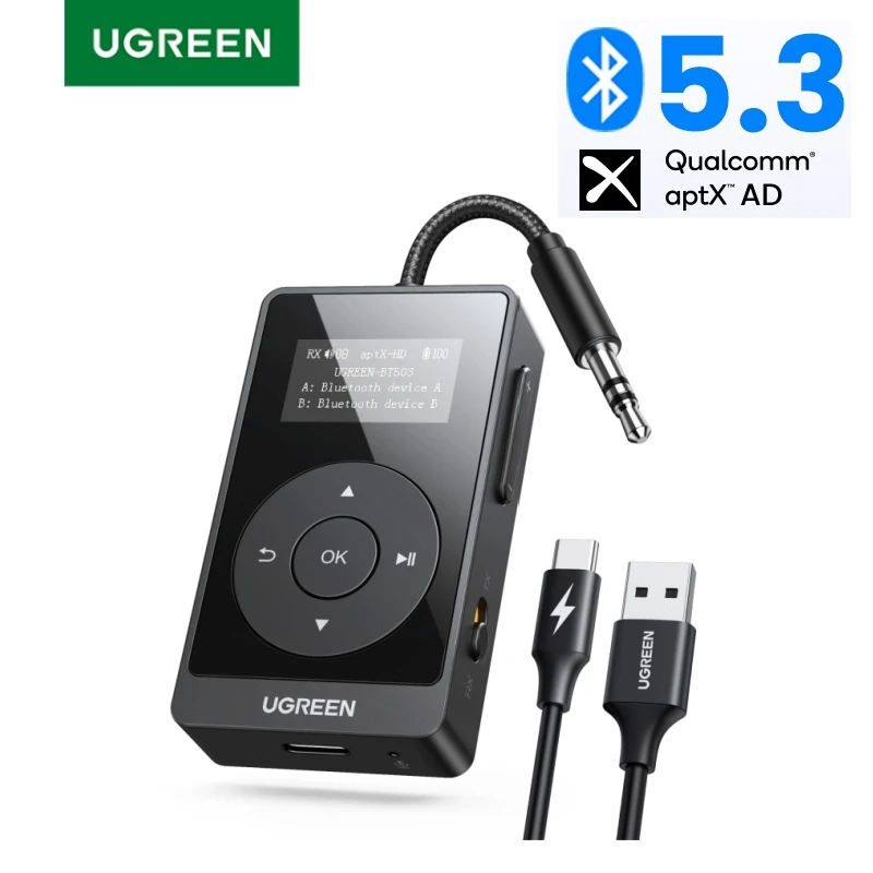 UGREEN aptX HD Airplane Bluetooth 5.3 Receiver Transmitter for All Headphones Wireless Audio Aux Bluetooth Adapter for TV Flying