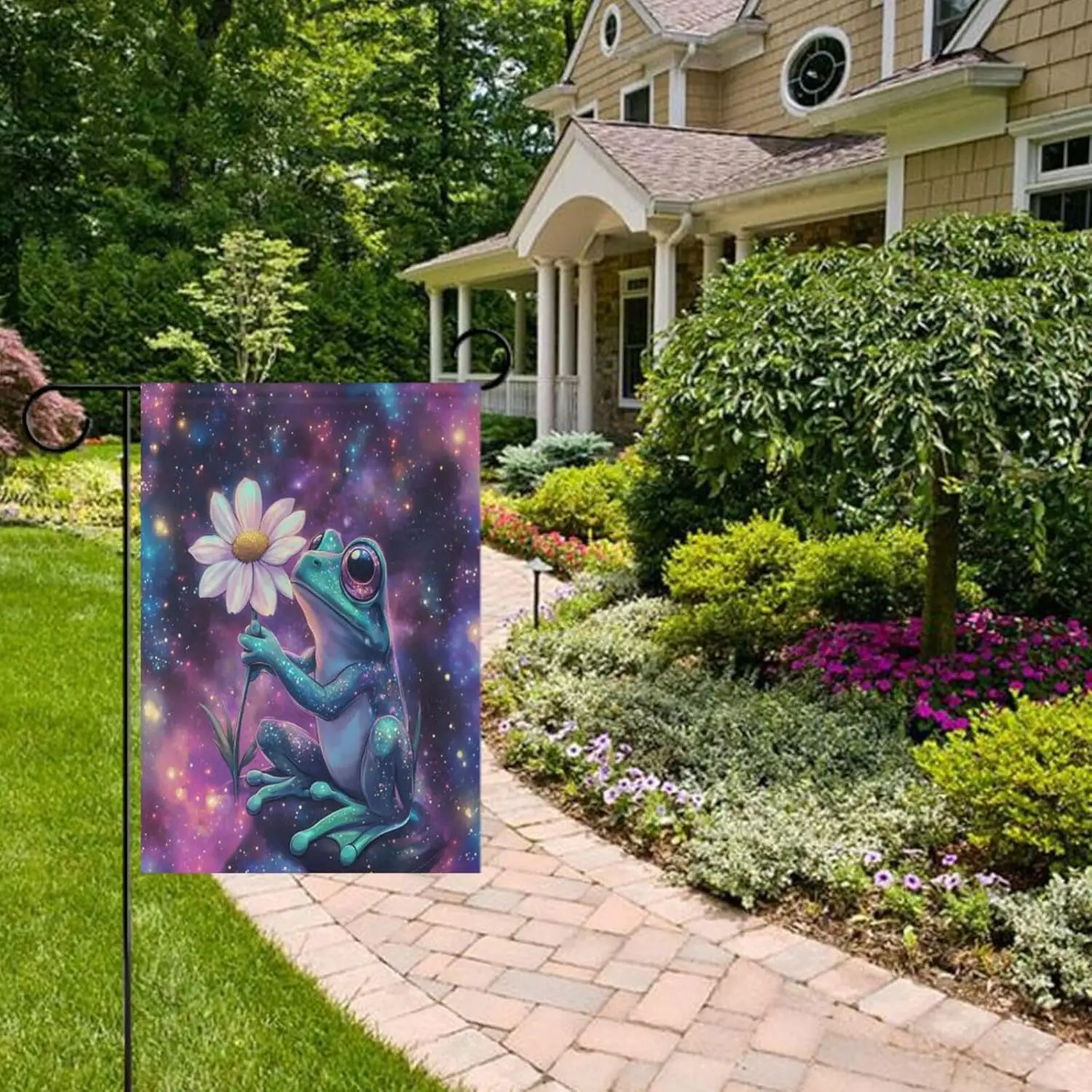 SUABO Galaxy Frog Flower Garden Flag 12x18inch Double Sided Outside, Rustic Yard Outdoor Decorative Flag, Seasonal Yard Outd AAS