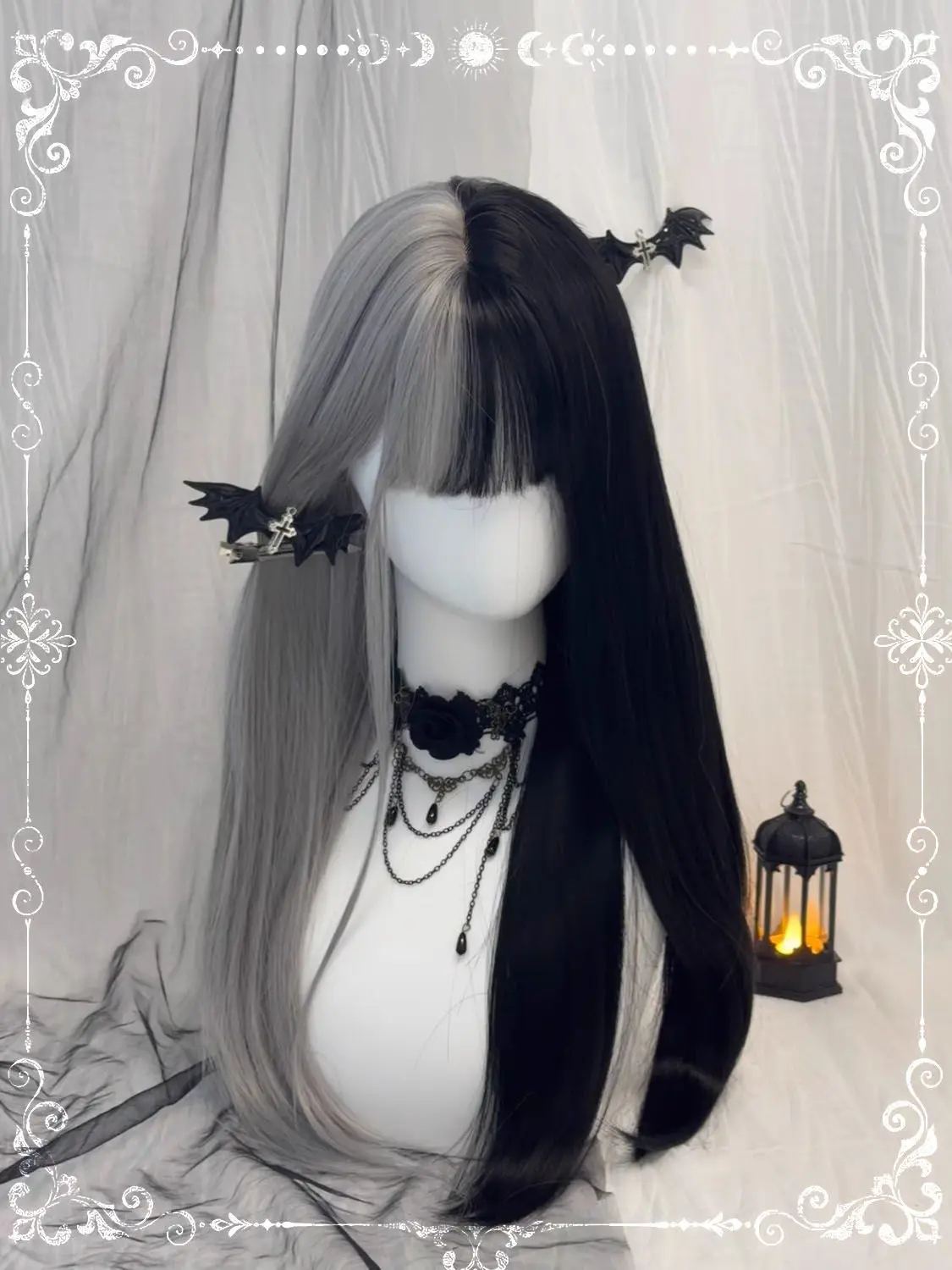 Halloween Cruella Wig - Anime Cosplay Full Wig, Black & White Straight Hair, Costume Party Accessories for Women