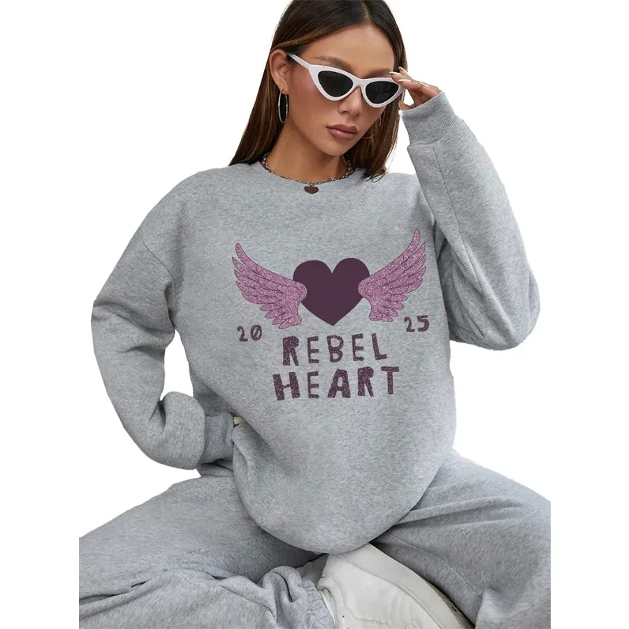 Women Basic Casual Pullover Spring Autumn Long Sleeve Purple Love Wings Printed Round Neck