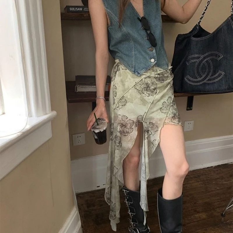 

Асимметричная сетчатая юбка Deeptown с цветочным принтом, женская винтажная элегантная сексуальная короткая юбка в стиле Harajuku Y2k, эстетичная юбка с рюшами, уличная одежда