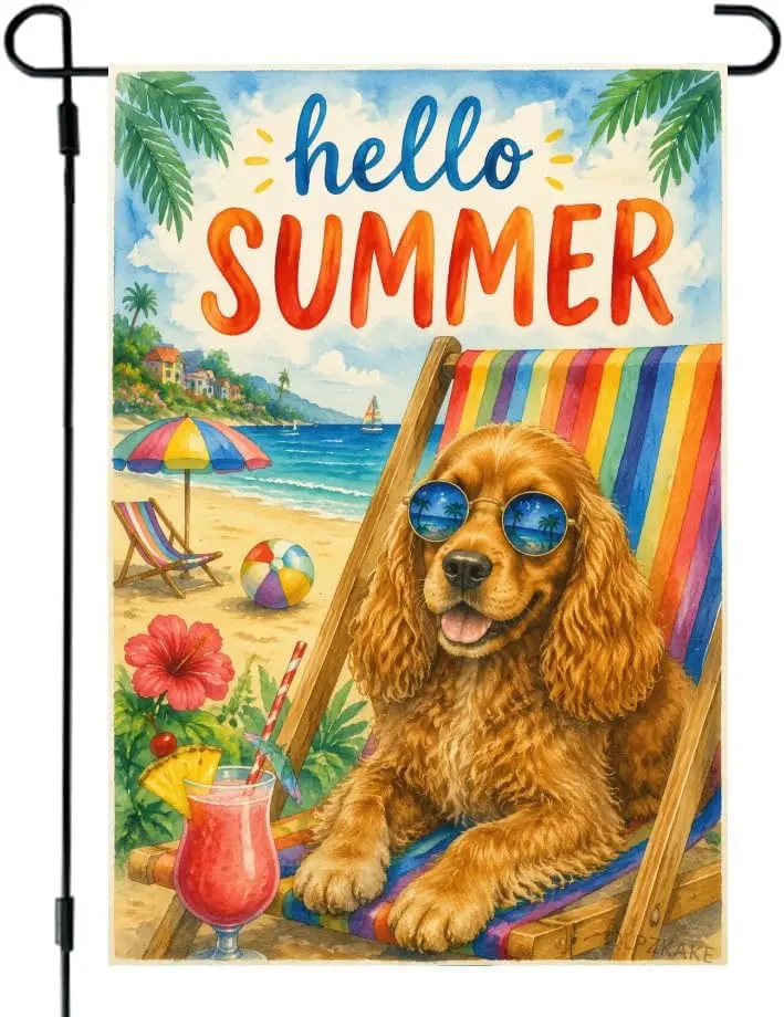 Cocker Spaniel Garden Flag Summer Beach Dog Decor Watercolor Coastal Outdoor Yard Flag Linen Double Sided 12 x 18 Inch Cute  yyi
