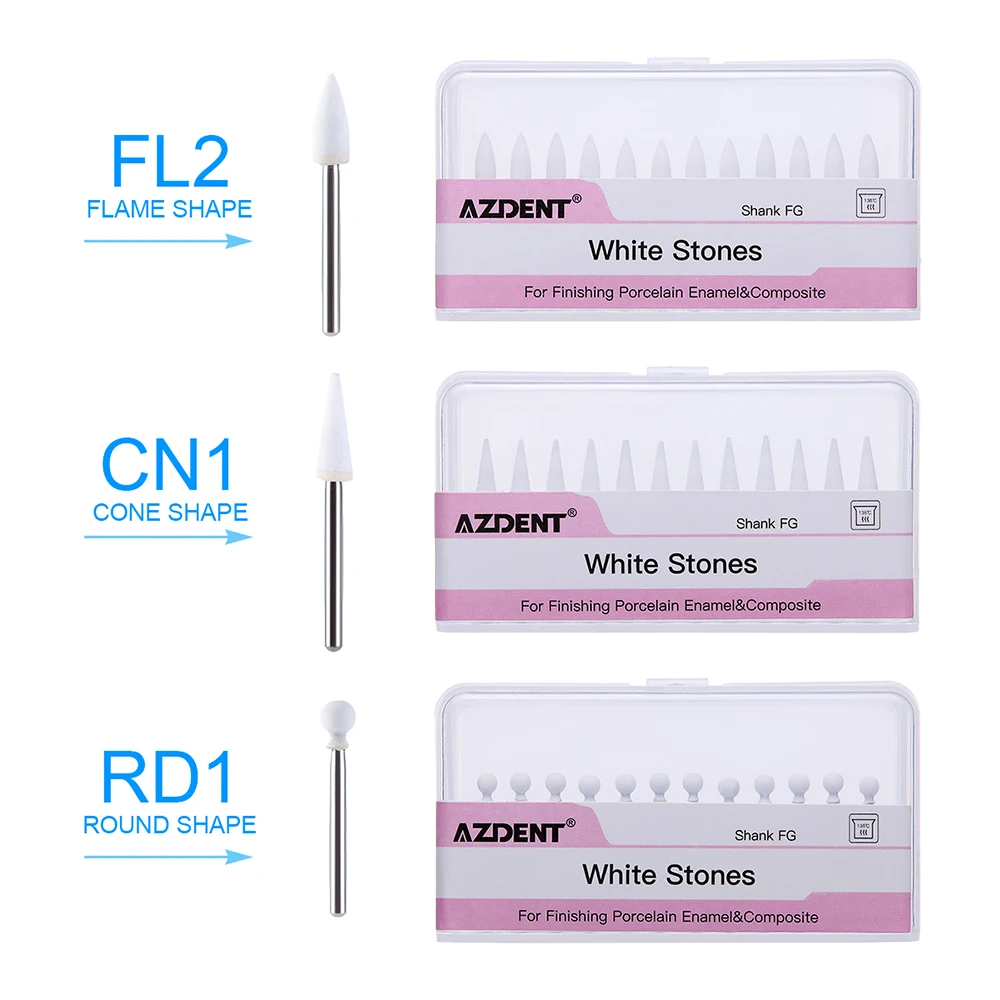 Azdent 12 pçs/caixa dental pedra branca polimento fg burs cone/chama/forma redonda abrasão bur apto para handpiece de alta velocidade 1.6mm