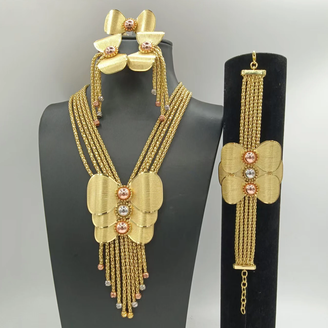 Fancy Three Tone Butter Knot Shape Jewelry Set with Beads Trendy Necklace Bracelet Earrings Ring 4PC Jewellery for Wedding Party
