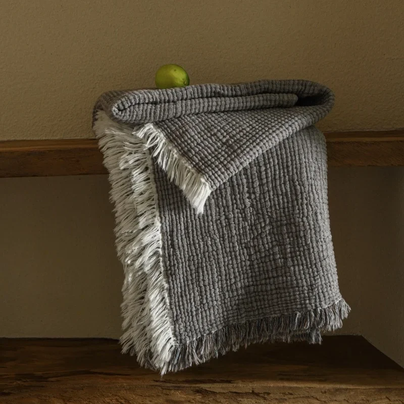 Solid Color Cotton Linen Blend Blanket Lightweight Breathable All-Season Throw for Sofa, Bed, Home Decor with Tasseled Edges