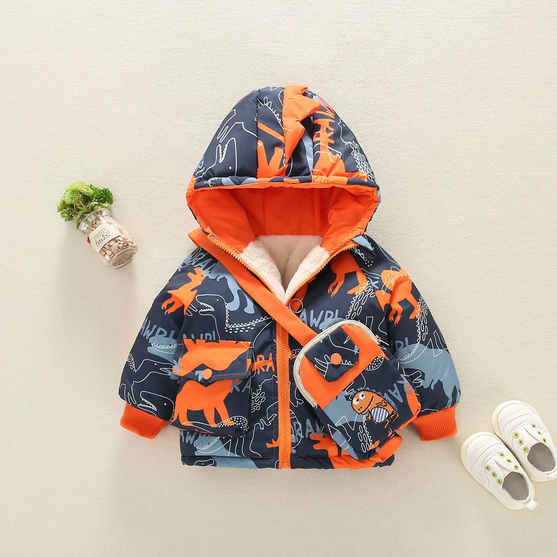 

Winter Toddler Boys Parkas Cotton Fleece Thick Warm Infant Baby Boy Jacket Dinosaur Printed Hooded Kid Boy Outerwear Cartoon Bag