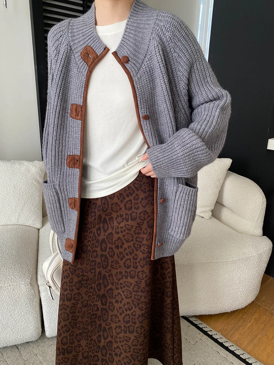 

Женский повседневный однотонный французский контрастный свитер с полувысоким воротником, свободный толстый вязаный кардиган с иглой