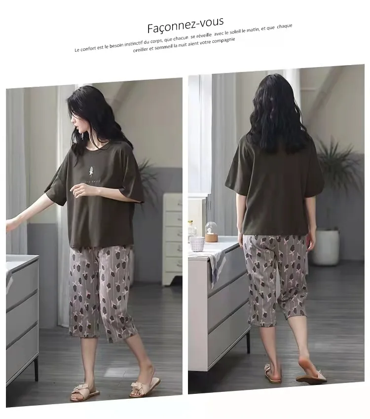 Damen-Sommerpyjama: Kurzarm, 3/4-Länge Hose, Pullover, Rundhals, Bedruckt, Frühling/Herbst-Stil, Übergrößen-Pyjama-Set – Detail 5