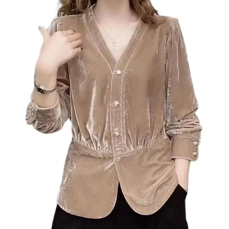 

Fashion Golden Velvet Top For Woman Spring Autumn Clothing Spring Autumn Clothing V-Neck Long Sleeved Casual Women's Shirt