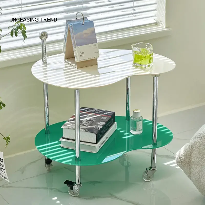 Mobile Trolley Coffee Table 2-Layer Acrylic Storage Shelf Lockable Wheels Stainless Steel Frame Trolley Cart Side Table