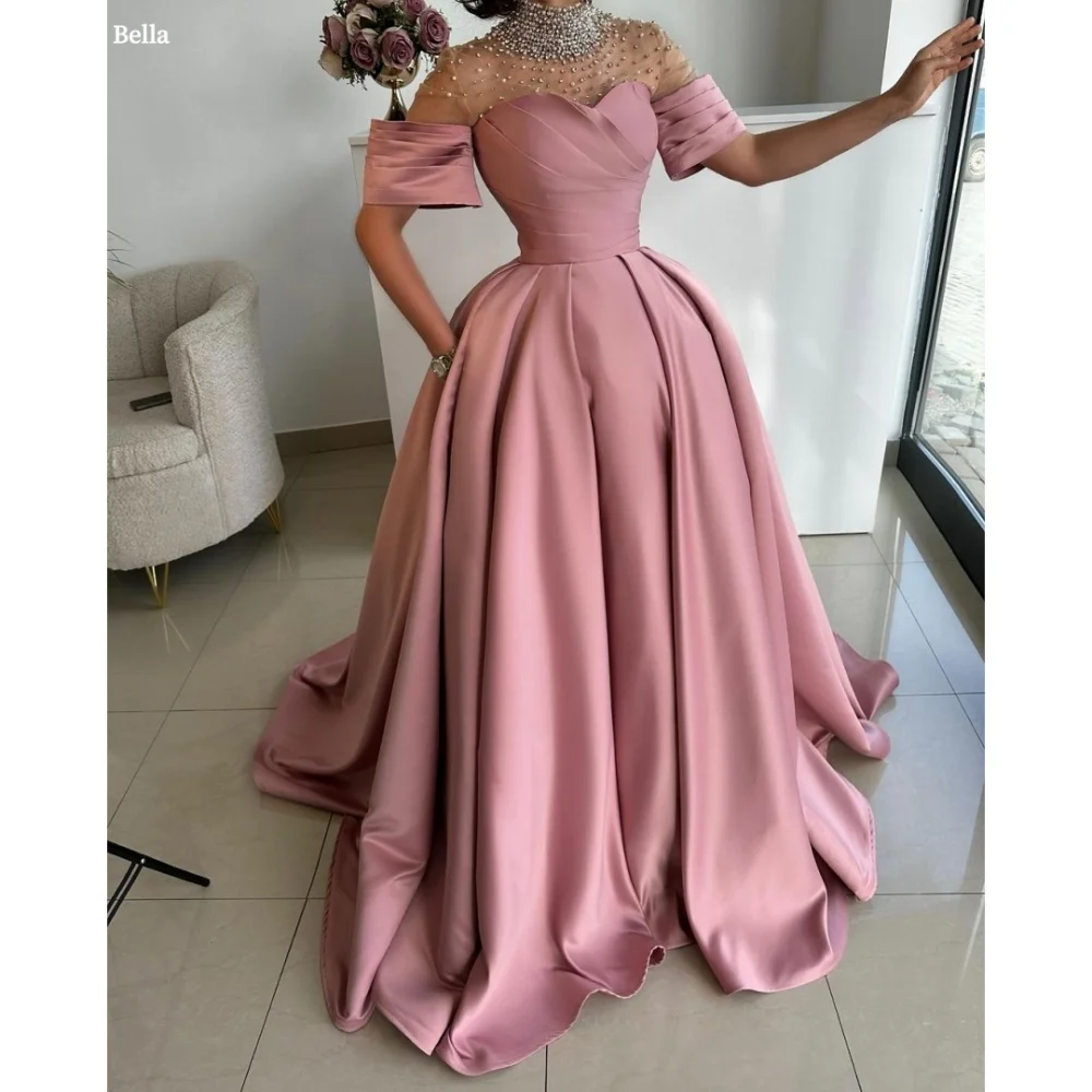 

Bella Customized Pink Pearls One Shoulder Strapless Satin robes de soirée A-line Party Dresses Floor-Length Prom Dress 2025