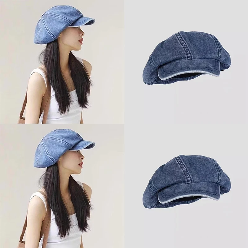 Cappelli autunnali per donna Cappelli ottagonali in tessuto denim lavato Cappelli da pittore retrò artistici alla moda e versatili Cappellino da strillone