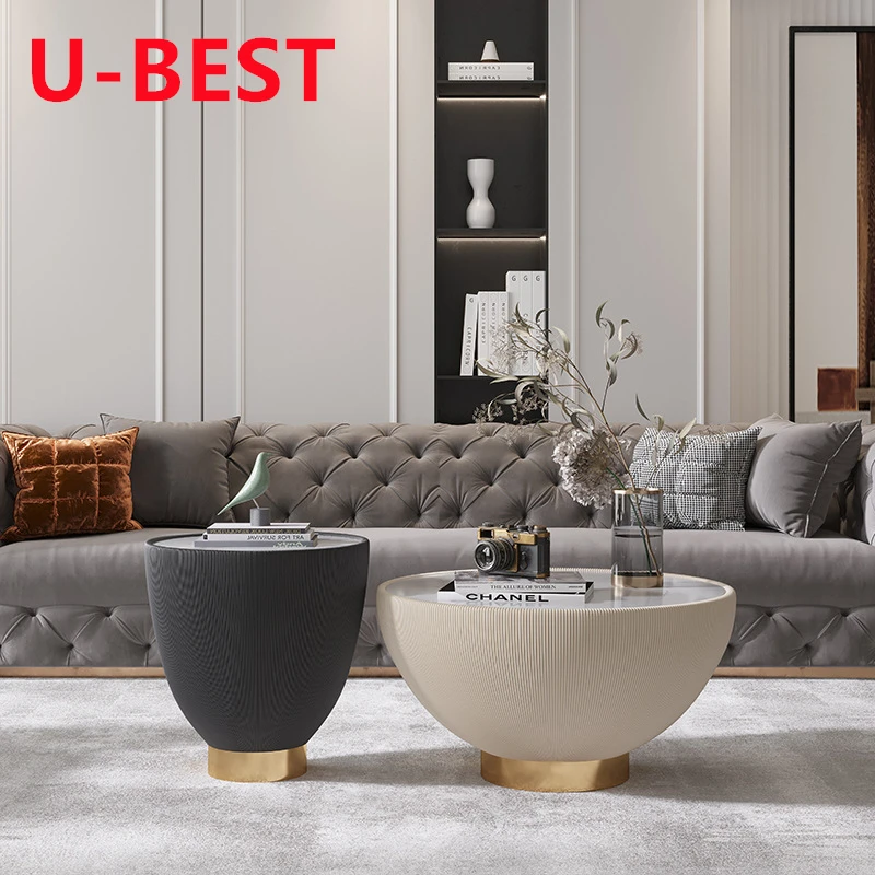 U-BEST Light Luxury Marble Top Cup Shape Leather Coffee Table Sofa Side Table Set for Living Room Low Coffee Table