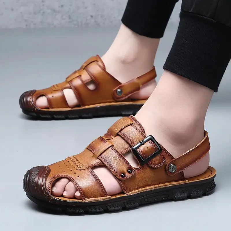

Лето 2023, обувь из натуральной кожи, мужские сандалии на плоской подошве, нескользящая мужская обувь из коровьей кожи, брендовая праздничная обувь D443