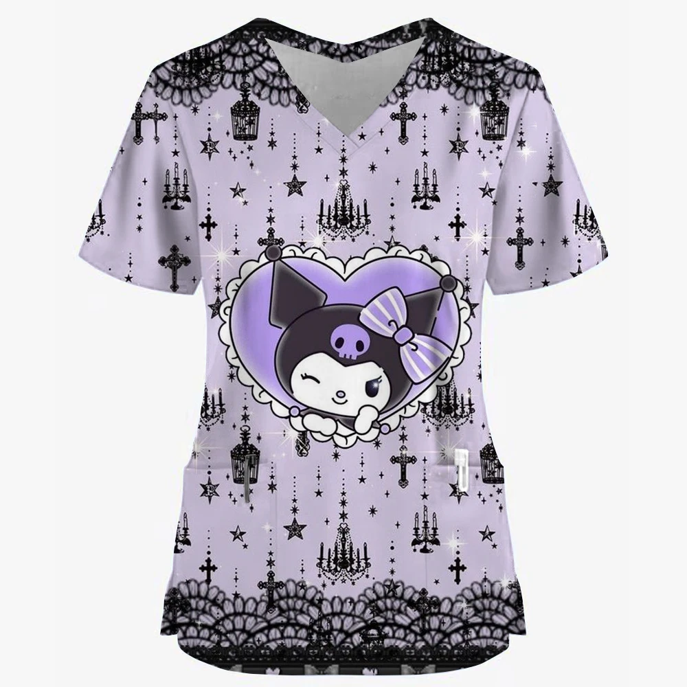 Hello Kitty/Kuromi printed nurse frosted top women's work clothes shirt short sleeved V-neck uniform dentist nurse uniform