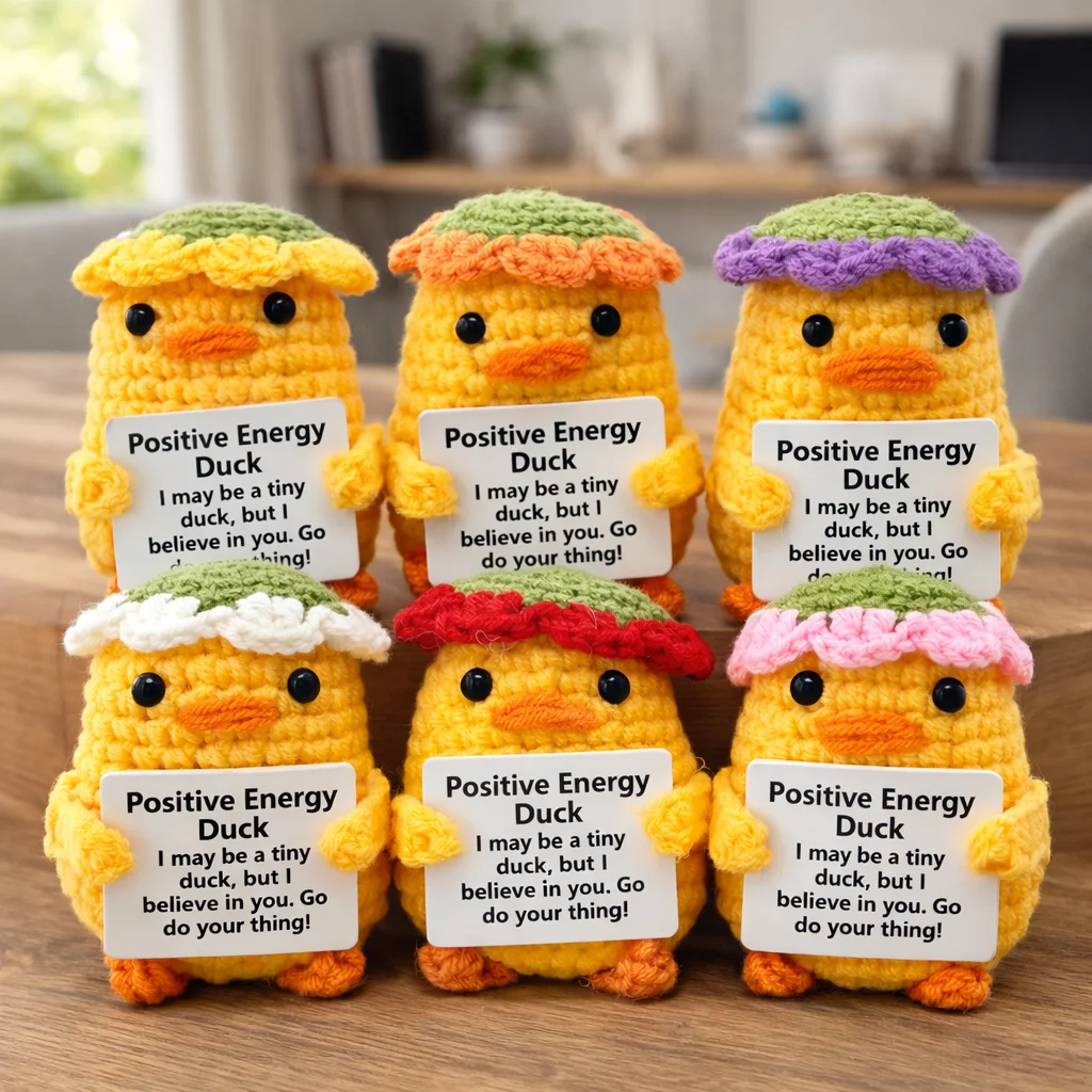 AnimalSeries Positive Energy Cute Duck Crochet Doll Handmade Knitted Decor Ornament with Encouragement Card Mini Desk Decor Gift