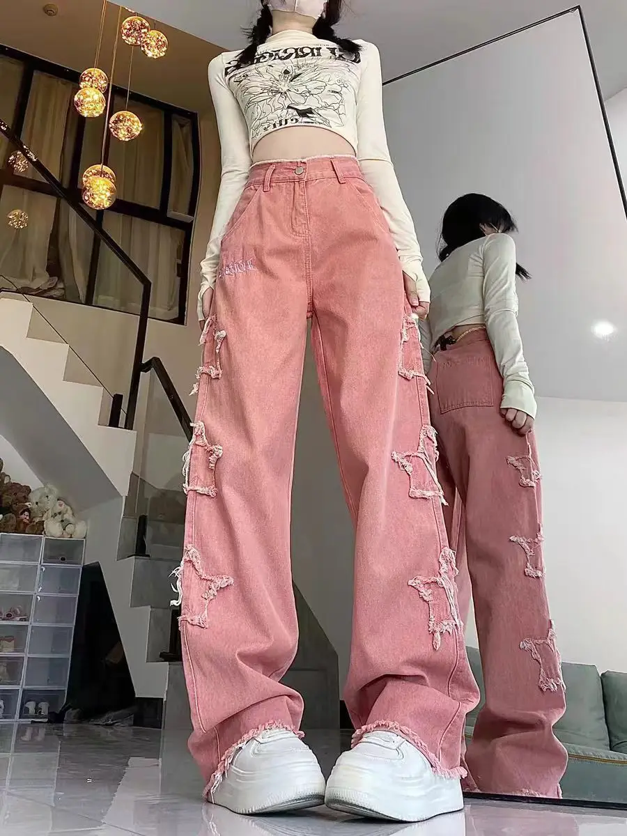 Jeans de perna larga reta feminina, bordado com estrela, calça solta, remendo rosa, primavera e verão, novo