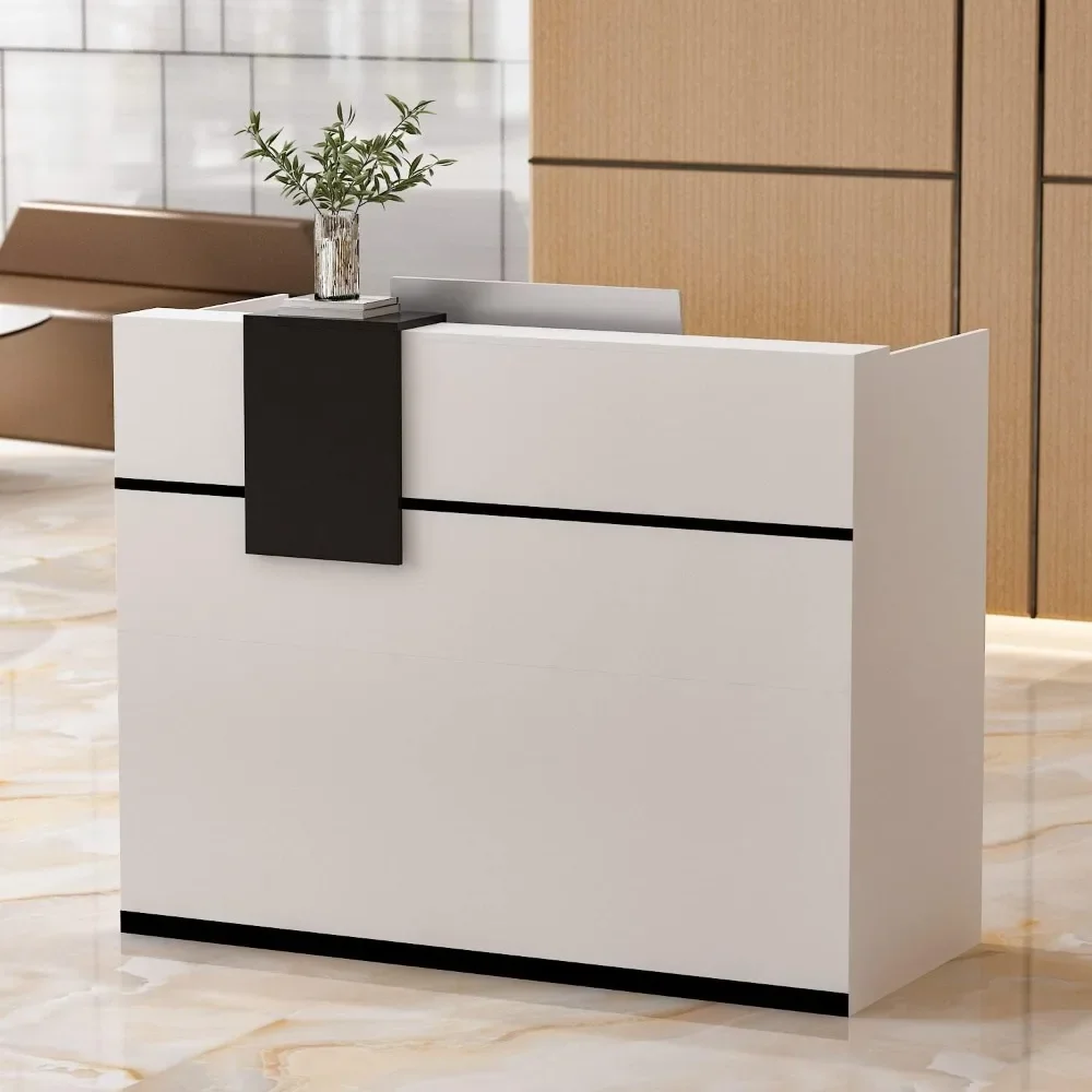 Modern Reception Desk Counter com Hutch, Cubo De Armazenamento Ajustável, Gaveta Bloqueável e 1 Porta Armário, Escritório Computador De Madeira