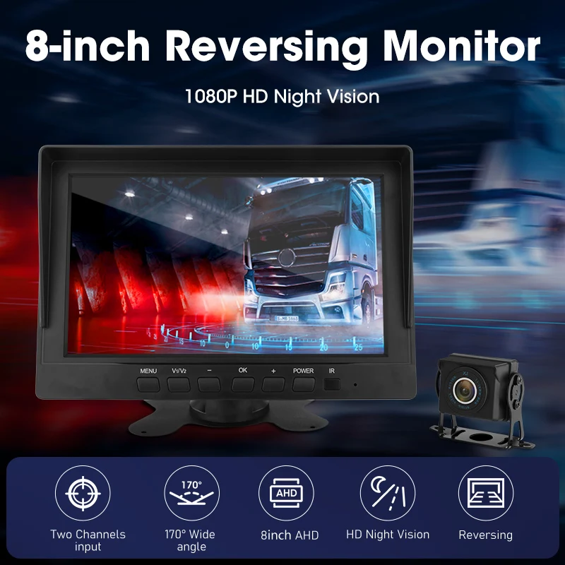 Jansite-Monitor para camión de 8 pulgadas, 1920x1080, alta definición, AHD, luz de estrellas, visión nocturna, cámara de respaldo, Monitor inverso