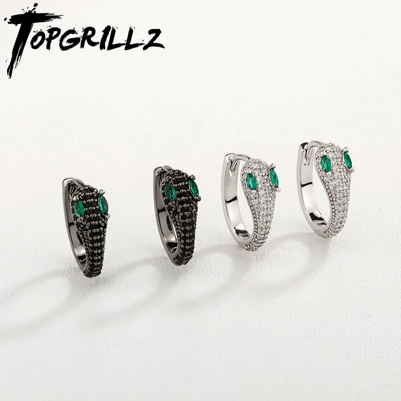 TOPGRILLZ Gothic Green Eye Snake Shape Ears Studs for Women Iced Out Cubic Zirconia Darkness Snake Earrings Y2K Jewelry