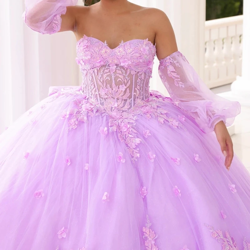 Lilac Princess Quinceanera Dresses Off Shoulder Lace Appliques Bow Birthday Party Tull Ball Gown Sweet 16 Dresses Vestidos De 15