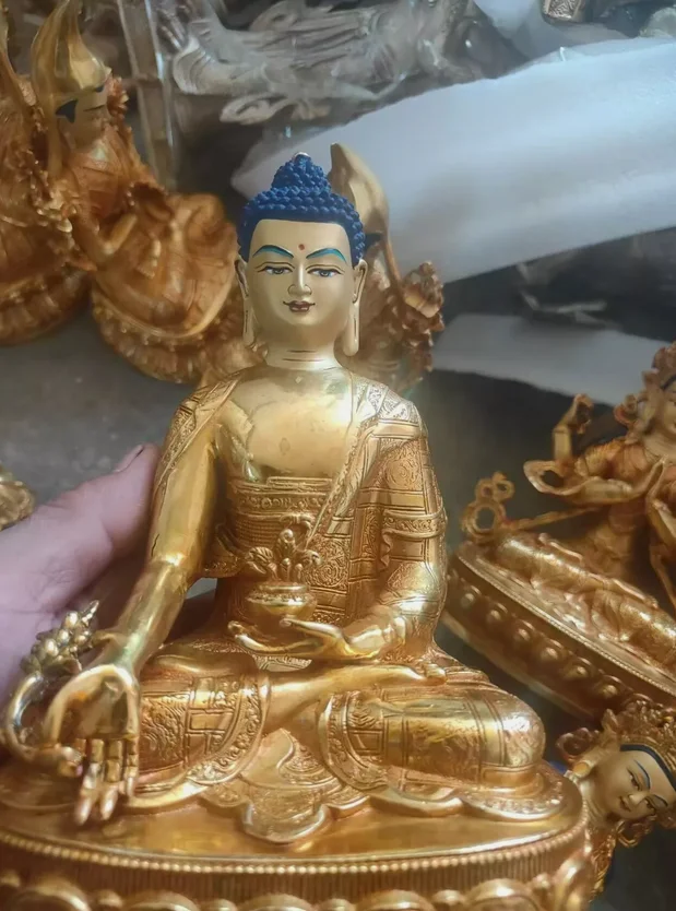 Sakyamuni Buda dharmachakra mudra buda 21cm Dorado pintado a mano/bronce bendito