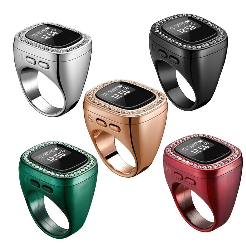 حلقة عداد إصبع رقمية كبيرة للجنسين مع إنذار أذان وتذكير بالاهتزاز مسارات تسبيح ذكية للصلاة الإسلامية