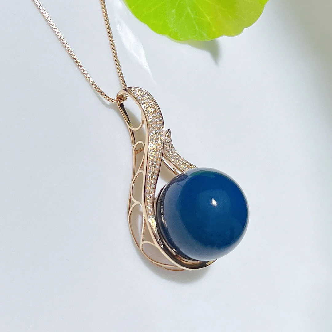 Natural Mexican Blue Amber Pendant 30mm round Bead with Flame Design Sterling Silver Luxury Jewelry Gift for Women