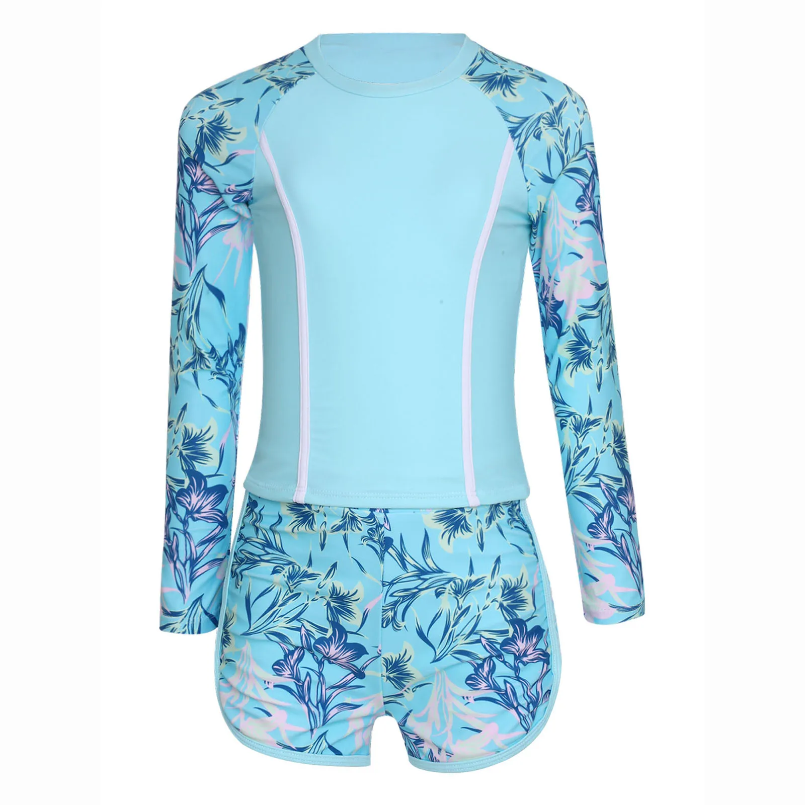 

Girls Two Pieces Rash Guard Swimsuit Long Sleeves Swim Tops Suit Shorts Vibrant Print Beach Bathing Suit Sun Protection Swimwear