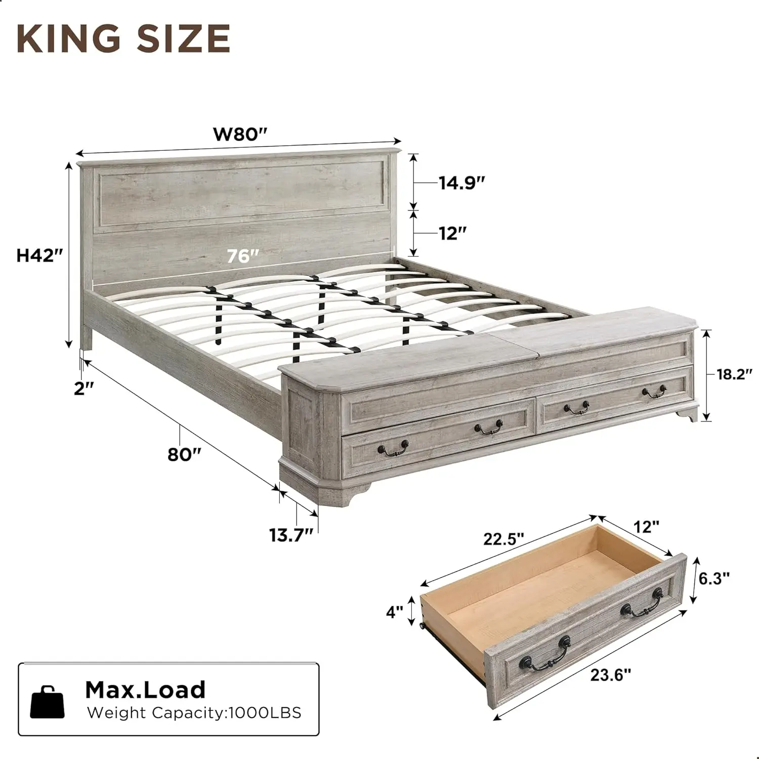 T4Tream Farmhouse King Bed With Headboard And Storage Bench, Rustic Wood Platform Bed With 80