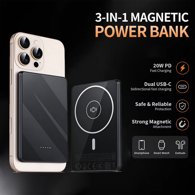 Ultra‑Slim Magnetic Wireless Power Bank 5000mAh Qi2 PD20W Fast Charging Portable External Battery for IPhone MagSafe Powerbank