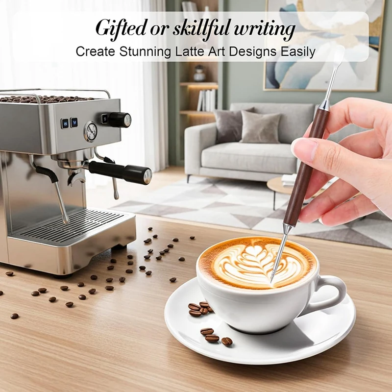 3-Pack Double-Ended Latte Art Pen, Stainless Steel Coffee Drawing Tools with Wood Handle for Espresso Designs Retail