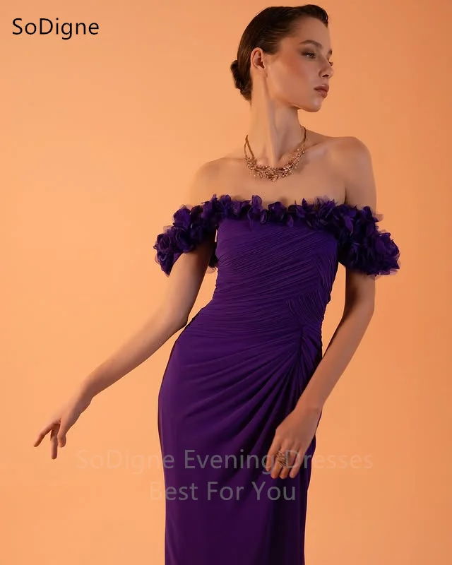 ชุดราตรีผ้าชีฟองสีม่วง SoDigne ประดับลูกไม้ ปิดไหล่ จับจีบ ชุดออกงาน ชุดราตรีงานพรอมสุดหรู สามารถสั่งตัดได้