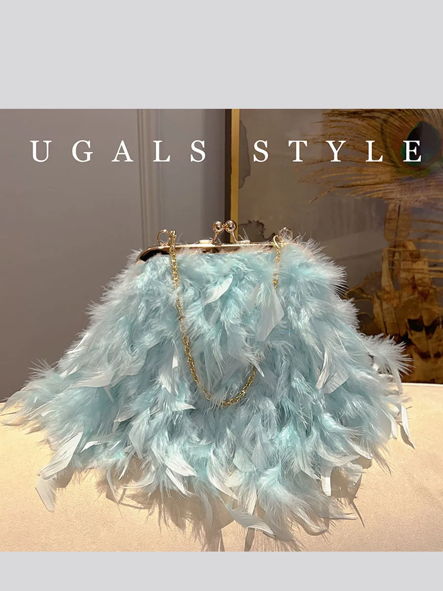 UGALS Autumn Winter Furry Metal Clip  Party Feather Velvet Dumpling Phone Clutch Crossbody Bag Sweet Lady Pure Color