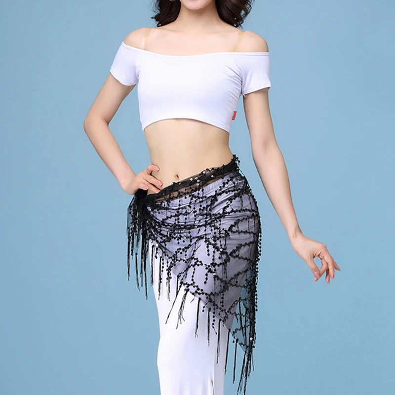 Belly Dance Hip Scarf Glitter Fringe Triangle Wrap Belt Sparkle Skirt Dancewear for Women Outfit Accessory with Tassel Sequins