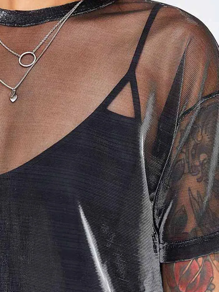 2024 Summer Sexy Mesh Tee See-Through Women T-shirts Short Sleeve Perspective Shine Casual Women Tops Lady Vintage Blusa