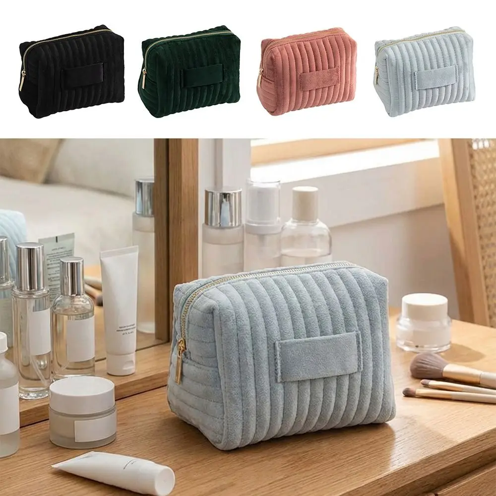 Portable Velvet Makeup Bag Soft Touch Large Capacity Cosmetic Bag Striped Quilting Toiletry Bag Girls