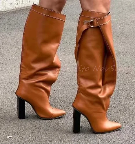 Knee High Boots Vintage Buckle Pointed Toe Block High Heels Leather Sexy Ladies Sewing Classic Fashion Women Daily Causal Shoes