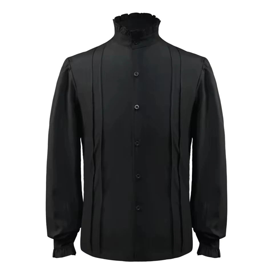 2025 Roll-Up Sleeves Men'S Shirt With Pocket Male Gothic Vintage Court Shirt Stand Hem Lace Long Sleeve Puff Sleeve рубашка