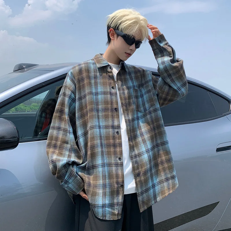 

Autumn Long Sleeved Shirt Men Fashion Retro Plaid Shirt Men Japanese Streetwear Hip-hop Loose Casual Shirts For Men Large Sizes