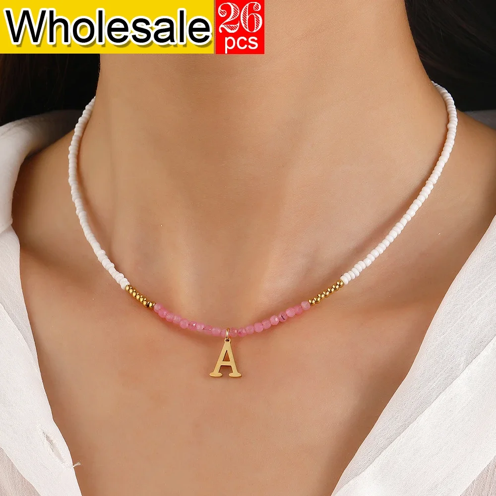 26PCSBohemian Style Choker Neck Stainless Steel Letter Pendant Women's White Rice Bead Pink Crystal Bead Necklace Simple Jewelry