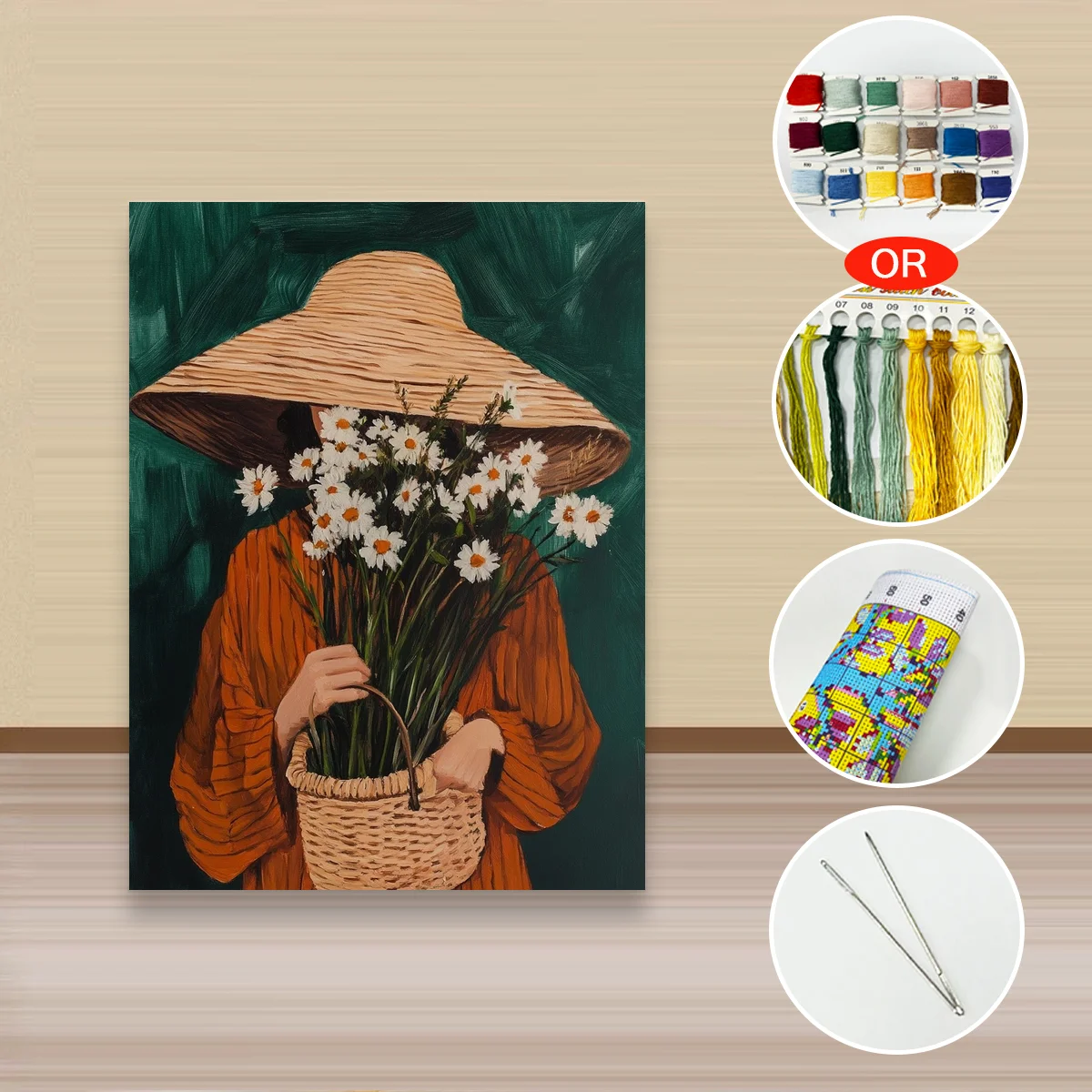 1 Stück 30x40cm/11,8x15,7 Zoll, 11Ct/14Ct Kreuzstich-Set, DIY Valentinstagsgeschenk, Stickerei-Set für Festlichkeiten, Strohhut-Gänseblümchen-Mädchen – Detail 3