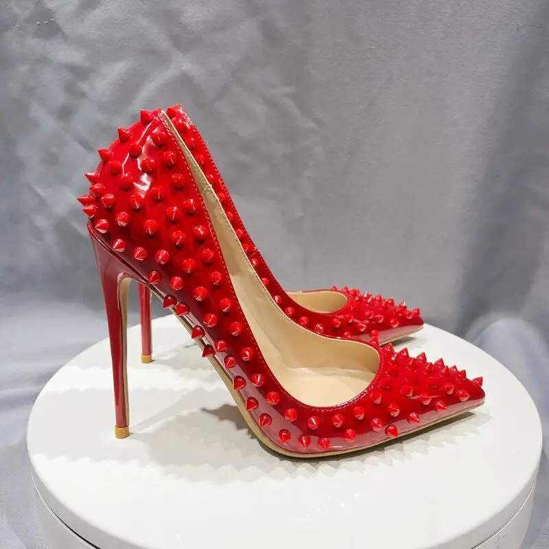 All Red Spikes Rivets Studded Sexy Gradient High Heel Shoes 10Cm Dress Pumps Women Shoes Party Big Size 33-45