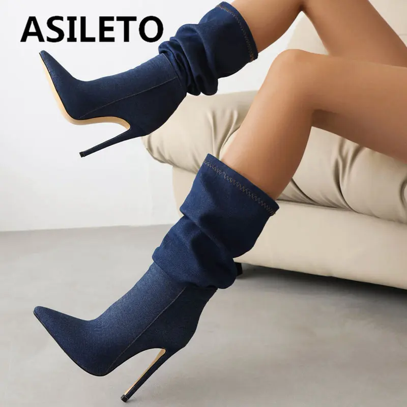 

ASILETO Дизайнерские Сапоги до середины икры с острым носком на шпильке 12 см слипоны плиссированные Большие размеры 42 43 тканевые повседневные туфли женские сапоги для свиданий