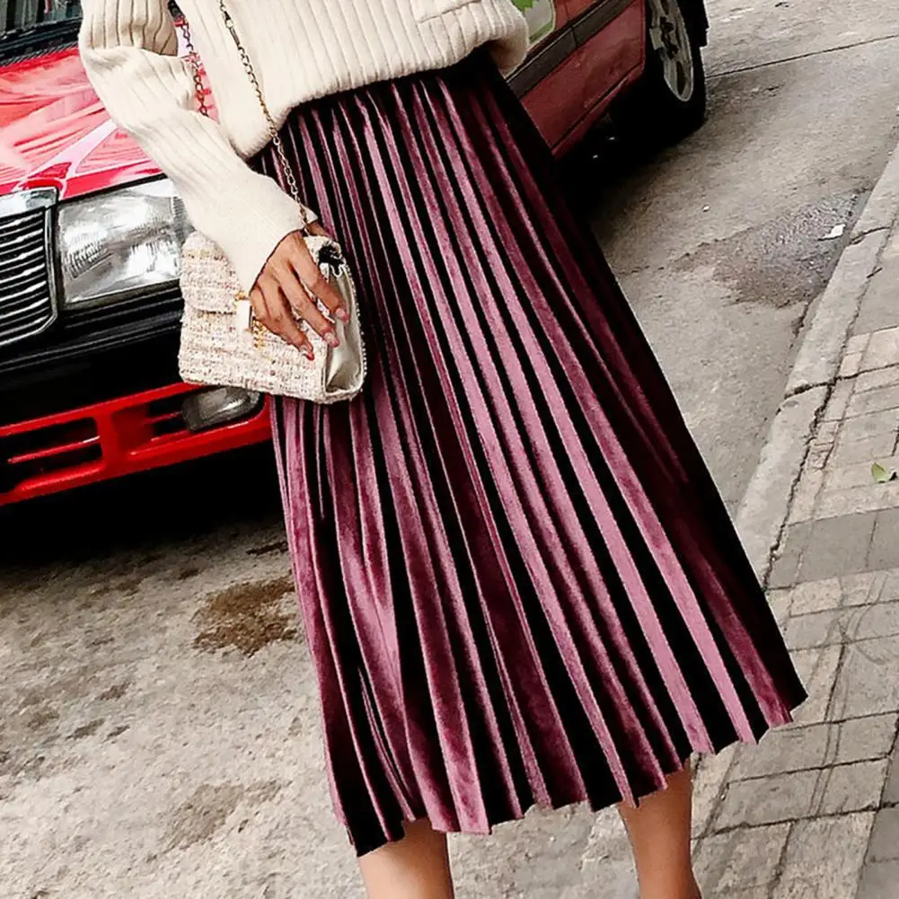 Women Midi Skirt Elastic High Waist Solid Color Loose Fit Long Skirt Pleated Velvet Autumn Winter Skirt