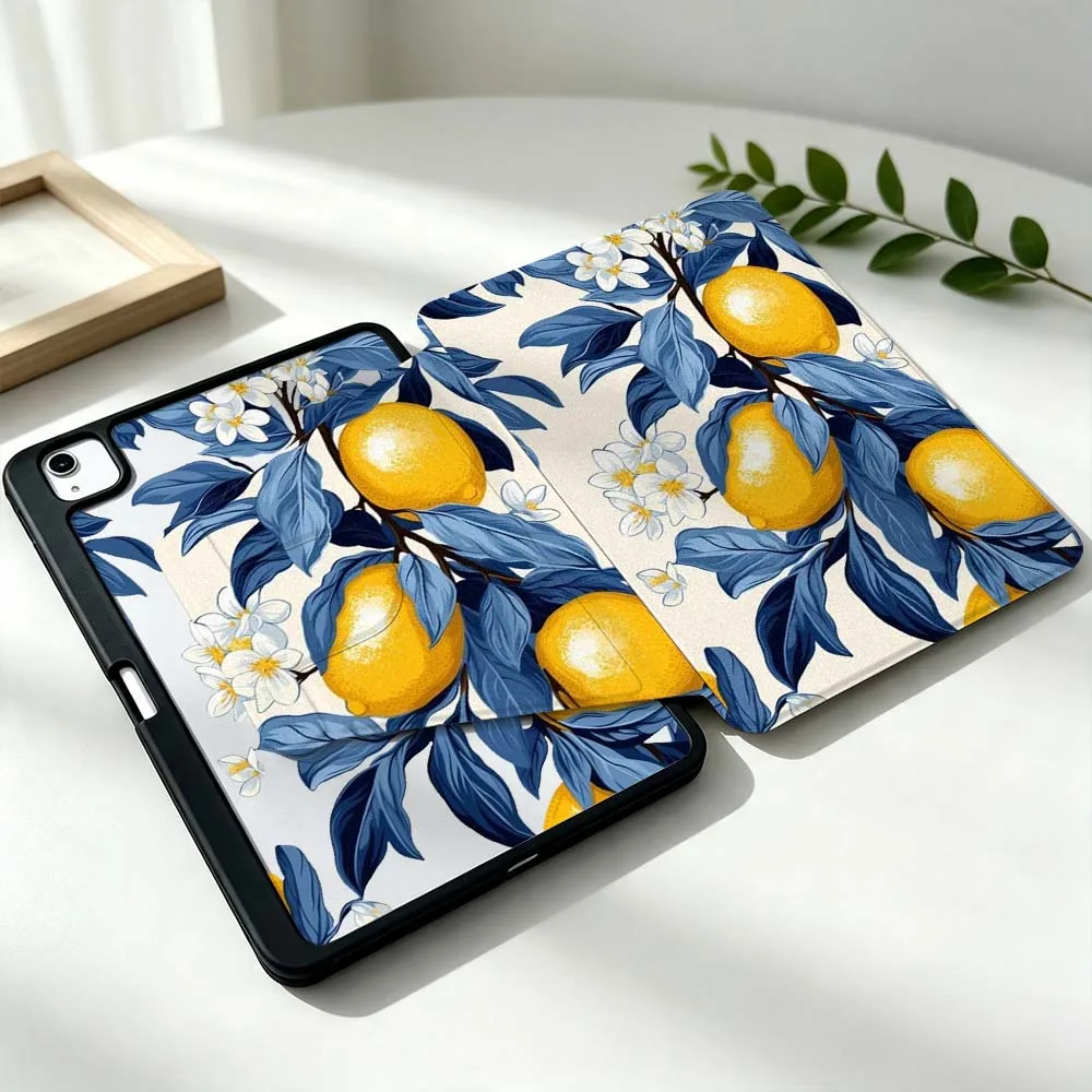 Artistic Yellow Lemon Flower For Samsung Galaxy Tab S11 S10 S9 S8 A11 FE Plus Ultra 360° Rotation Stylus Storage Tablet Case