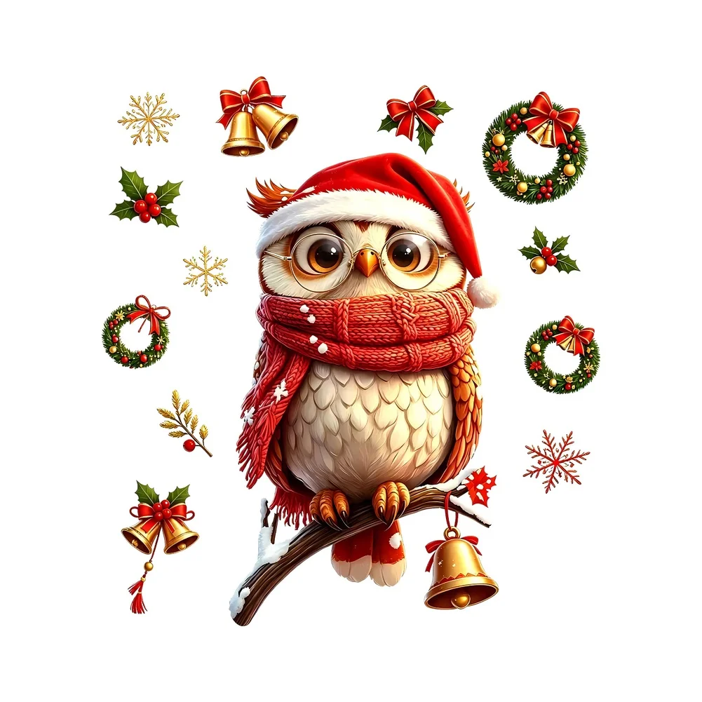 Owl Holiday for static Cling Featuring Wreath Bells and Snowflake Elements Compatible with Glass and Other Smooth Surfaces