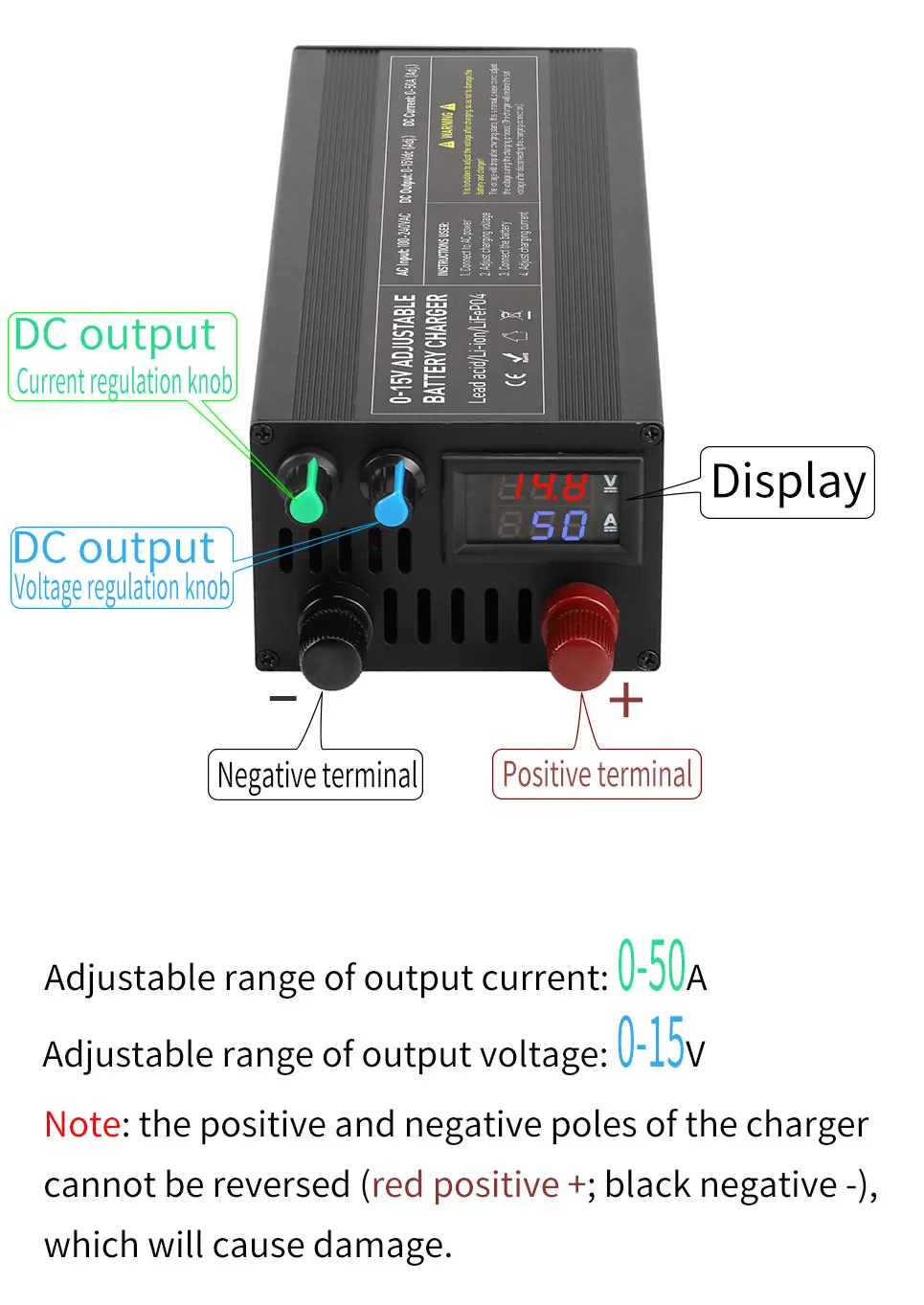 14.6V 60A/85A Adjustable LiFePO4 Charger Adapter for 12V Lithium with Voltage/Current Control, Anderson Clips