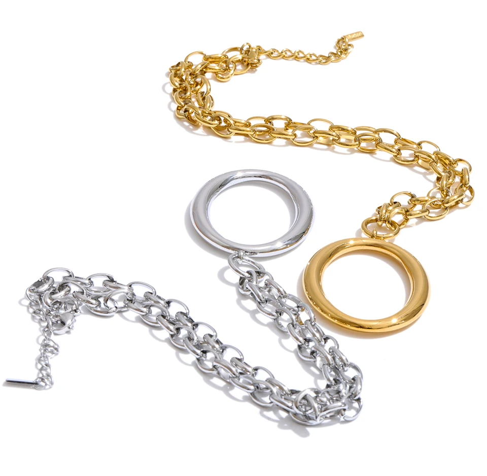 Yhpup Edelstahl-Halskette mit rundem, hohlem, geometrischem Anhänger, Gold-Platin-PVD-beschichtet, stilvoller, unverwechselbarer Schmuck, wasserdicht – Detail 3