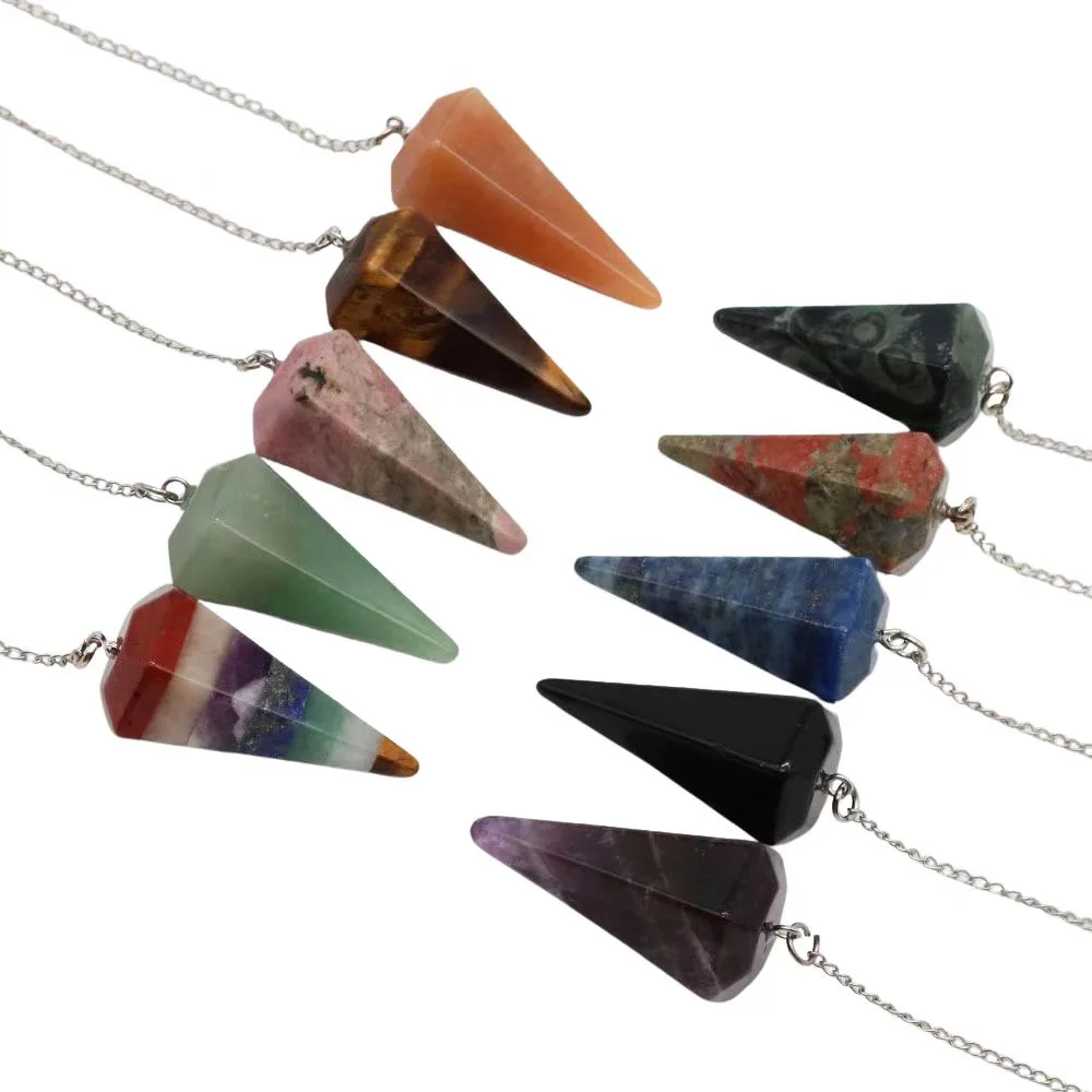 Natural Stones 7 Chakra Crystal Pendulum Faceted Point Gemstone Wicca Healing Pendant Chain For Dowsing Divination Jewelry Gifts